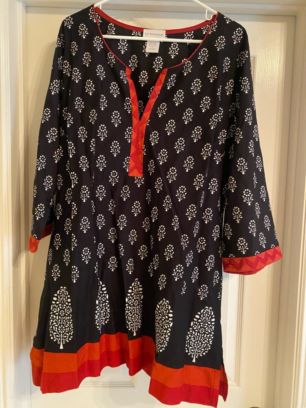 Soft Surroundings Black Tunic with White Floral Print and Red Trim